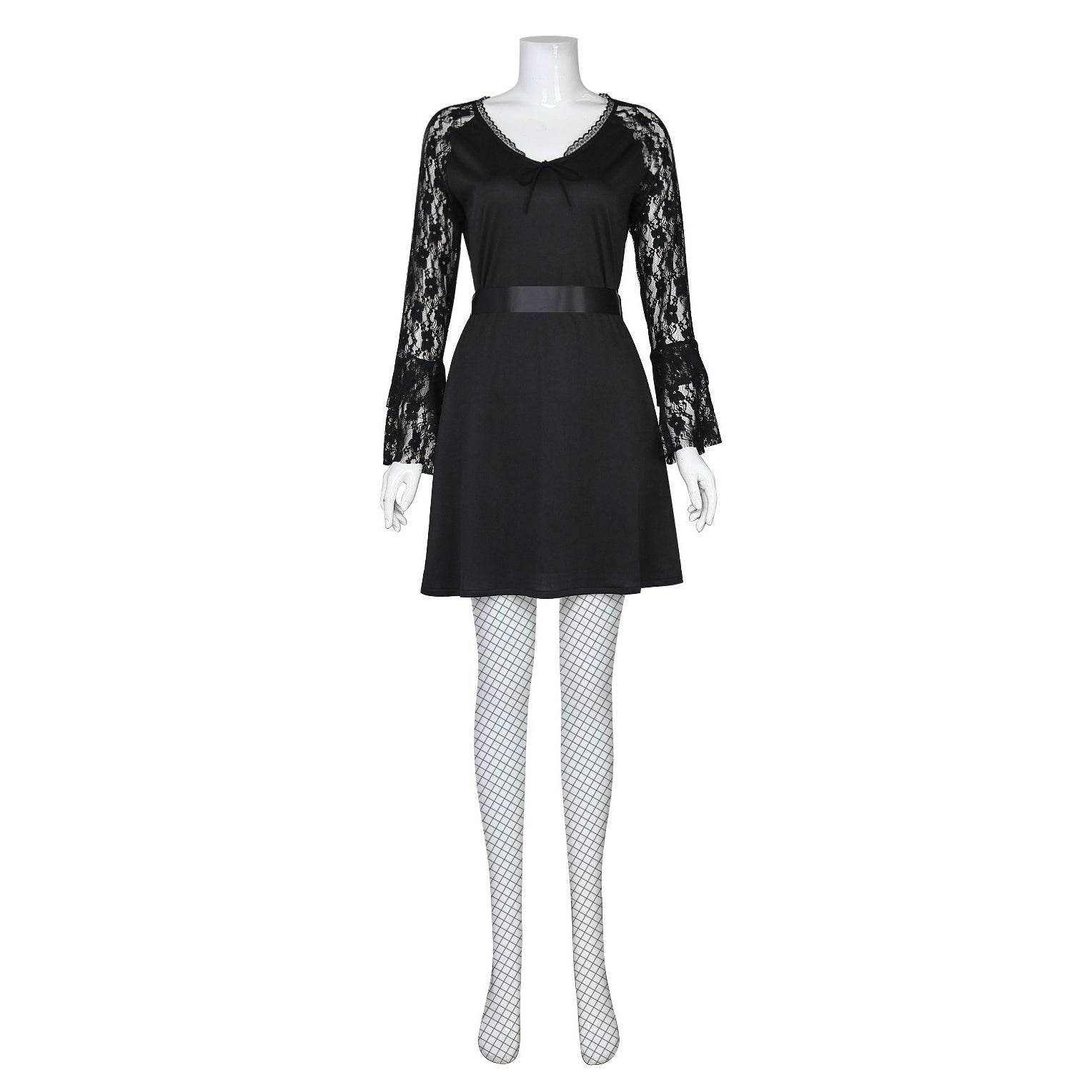Lisa Frankenstein Misty Cosplay Costume Women Black Lace Long-sleeved Dress Party Carnival - Azufun