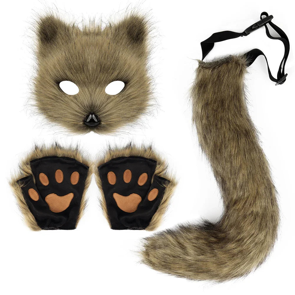 Simulation fox mask gloves plush fox tail set cos props accessories