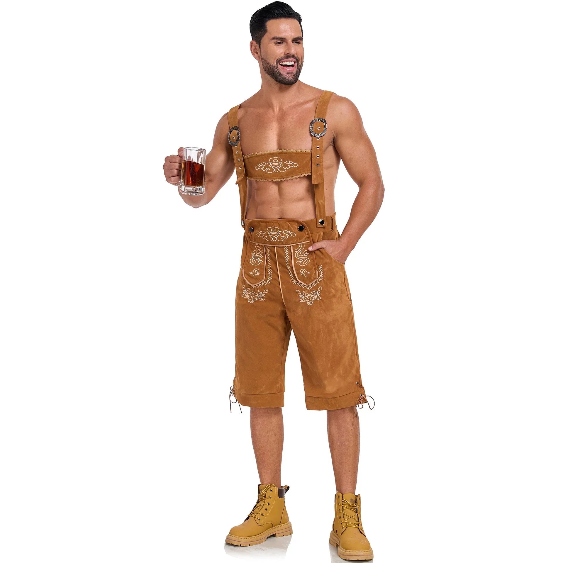 Men's German Bavarian Oktoberfest Costume Velvet Overalls Trousers Halloween - Azufun