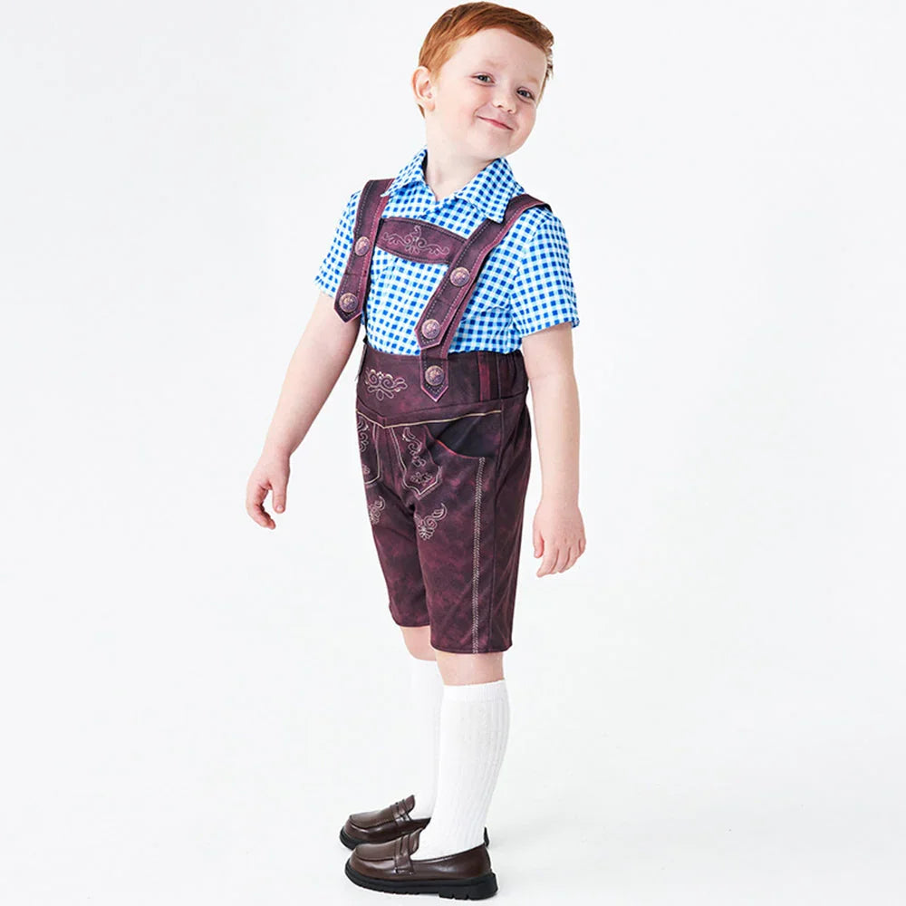 Boy Oktoberfest Costume Set Overalls with plaid shirt socks Halloween - Azufun