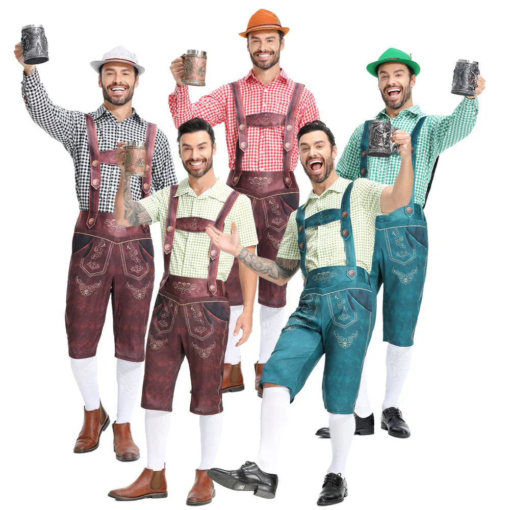 Men's Bavarian Lederhosen Oktoberfest Overalls Plaid Shirt Costume - Azufun