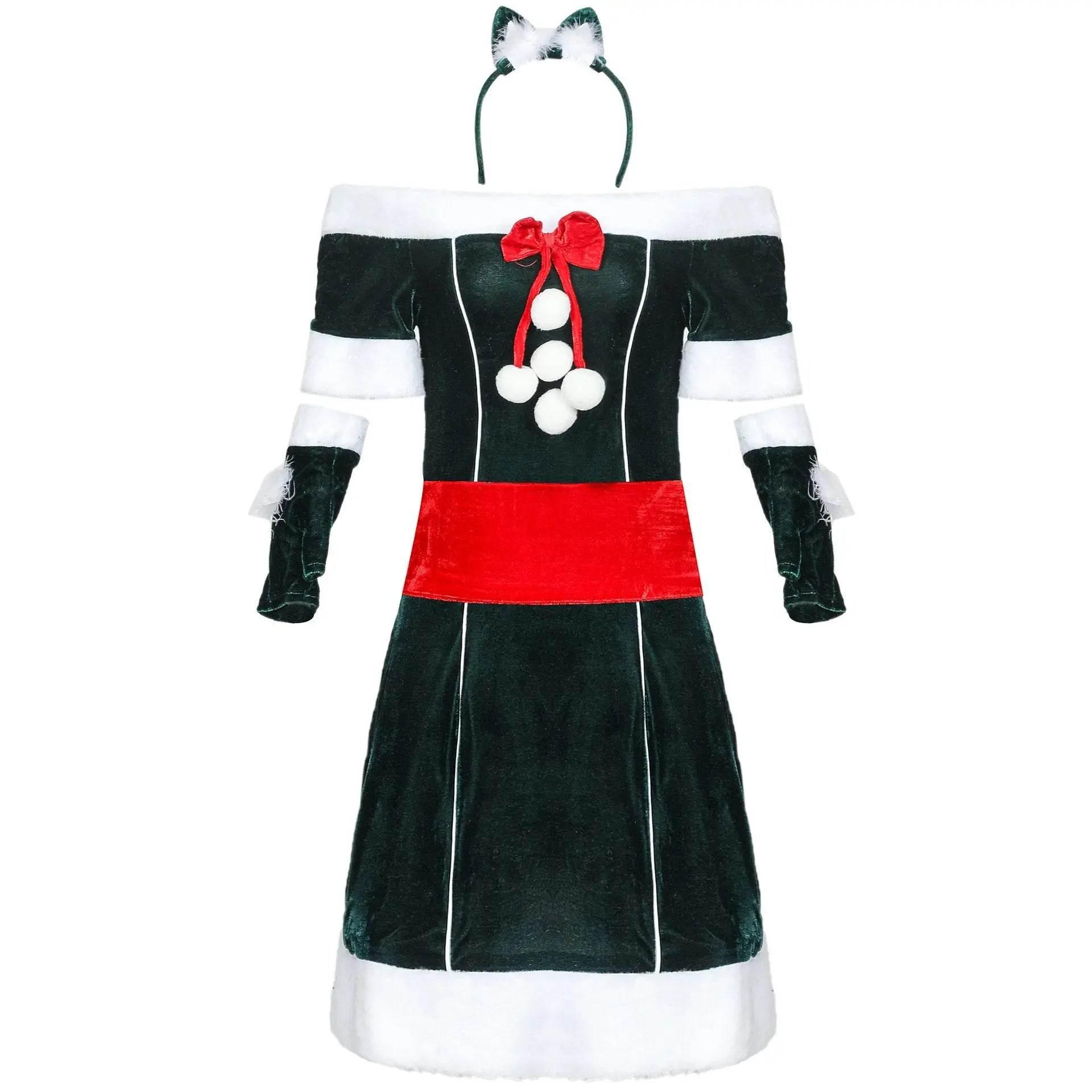 Christmas Off Shoulder Cute Cat Costumes Party Dress - Azufun
