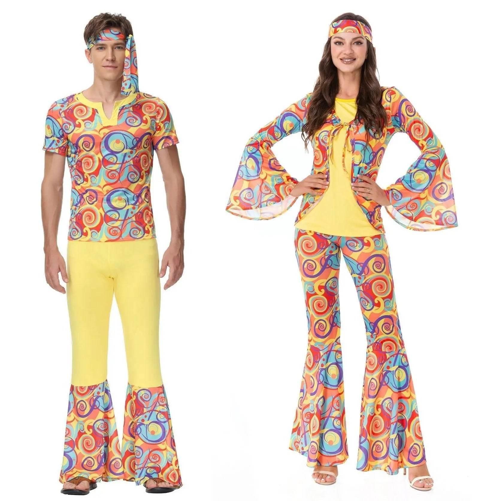 Disco 70s Fancy Dress Retro hip-hop hippie Couple Stage Costumes Halloween - Azufun