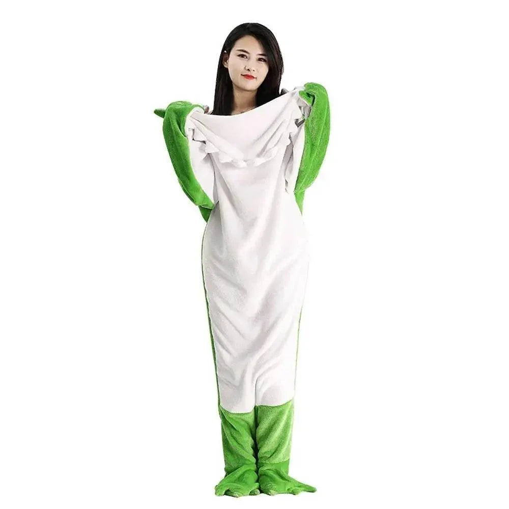 Green Dinosaur Animal Sleeping Bag Loose Onesies Pajamas Adult Super Soft Fleece Hoodie - Azufun