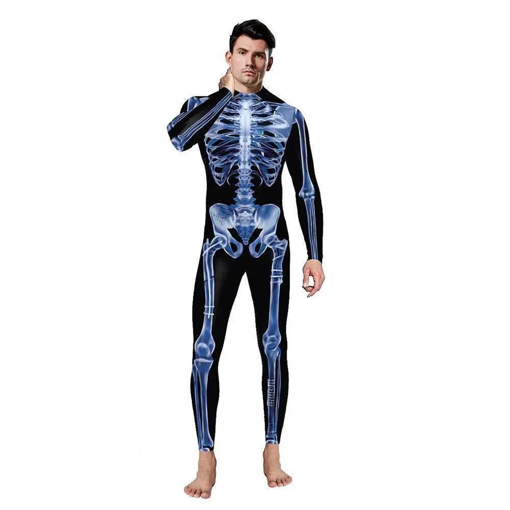 Halloween Costume Skull Cosplay Jumpsuit Skeleton Onesie Bodysuit Zentai for Adults - Azufun
