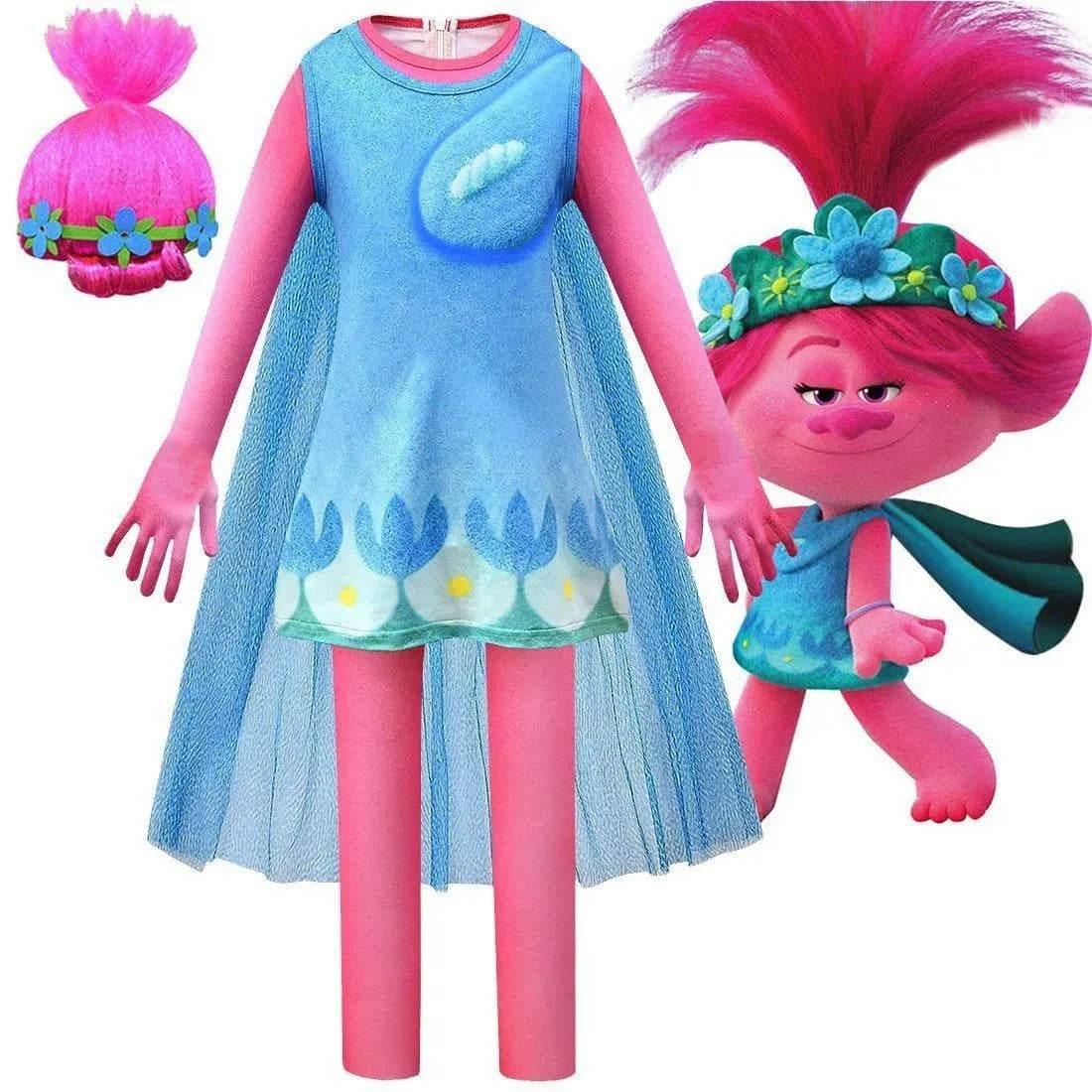 Kids Girl Trolls 2 World Tour Poppy Costume Cosplay ZenTai Short Sleeve Cape Dress - Azufun