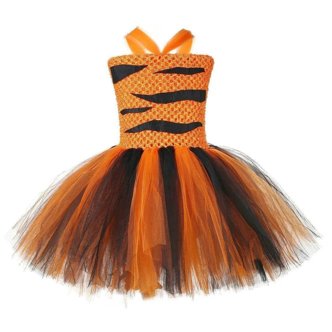 Kids Tiger Costume Tutu Dress with Ears Headband Bow tie Tail 4pcs Set - Azufun