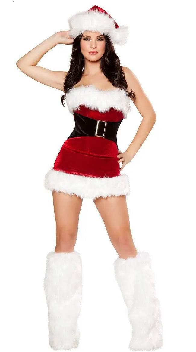 Red Christmas Party Dress Costume Xmas Hat White Fur Leg Warmer - Azufun