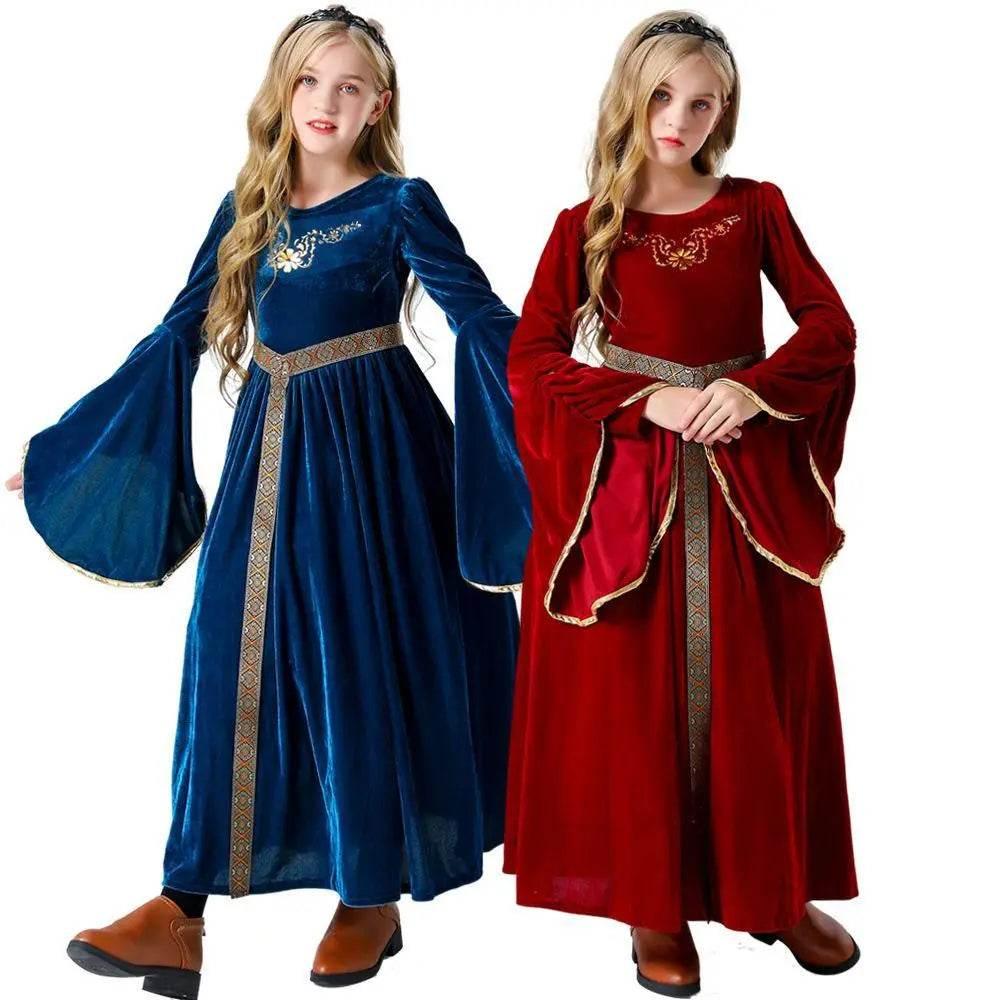 Vintage Court Ball Trumpet Sleeves Dress Outfits Halloween Carnival Cosplay Costume For Kids - Azufun