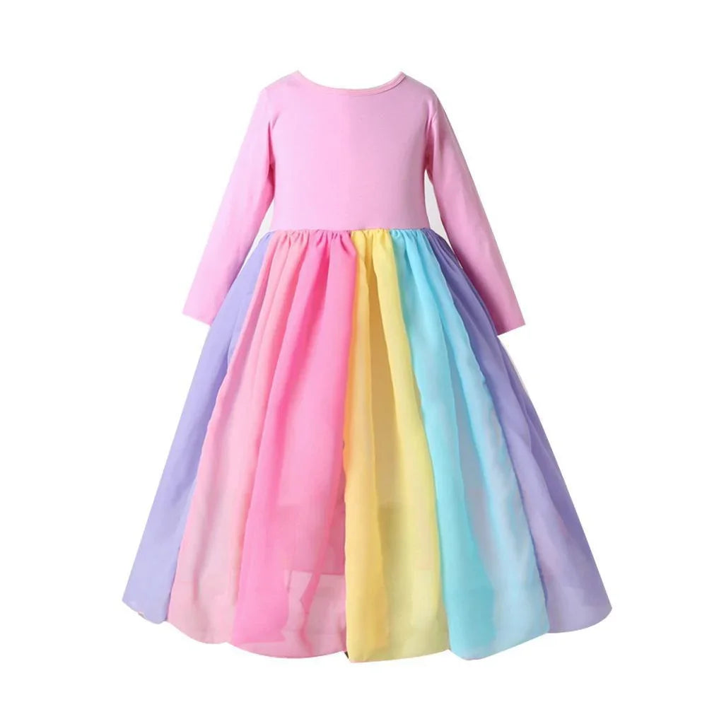 Kids Girls' Dress Patchwork Fuchsia Lavender Maxi Long Sleeve Active Boho Dresses - Azufun