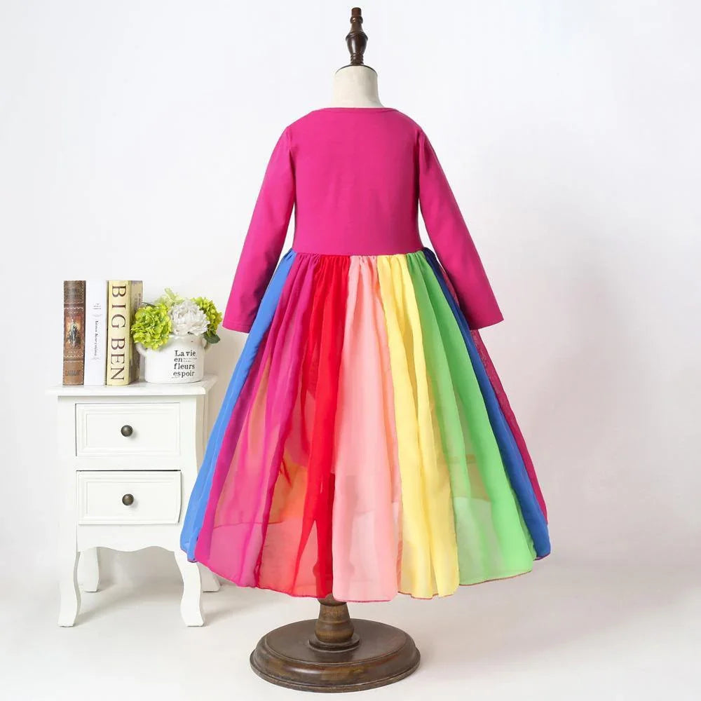 Kids Girls' Dress Patchwork Fuchsia Lavender Maxi Long Sleeve Active Boho Dresses - Azufun