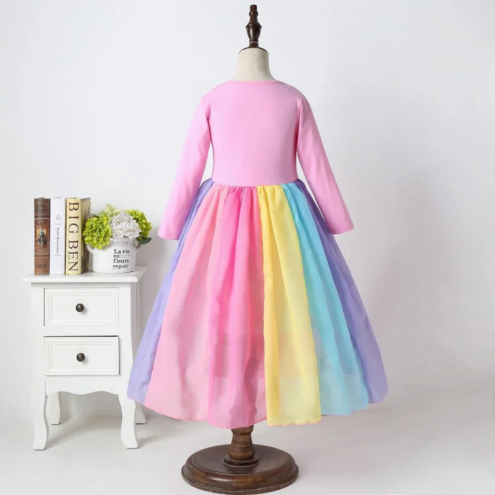 Kids Girls' Dress Patchwork Fuchsia Lavender Maxi Long Sleeve Active Boho Dresses - Azufun