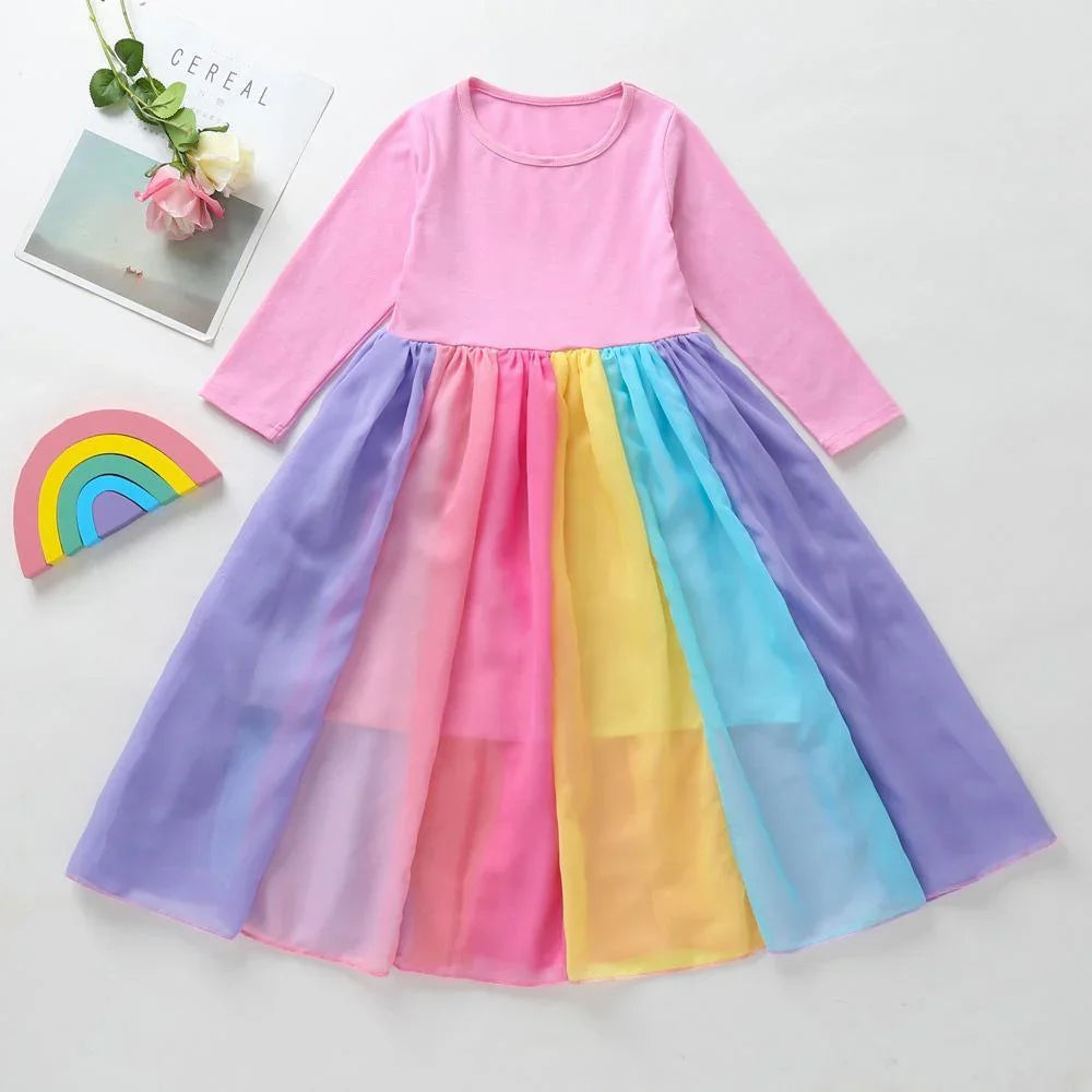 Kids Girls' Dress Patchwork Fuchsia Lavender Maxi Long Sleeve Active Boho Dresses - Azufun