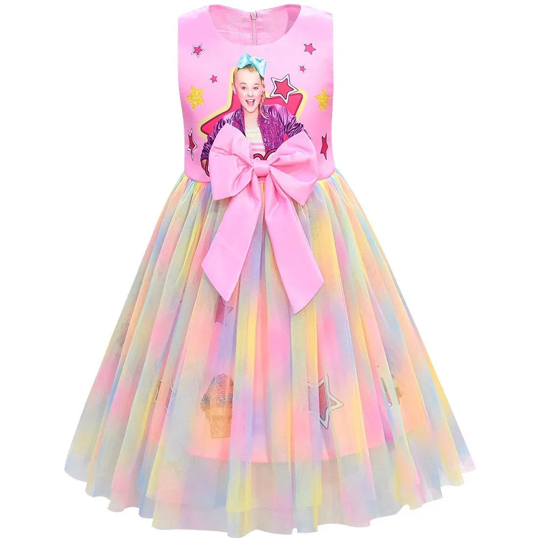 Girls Jojo Siwa Bow Dress Kids Party Birthday Mesh Princess Dress - Azufun