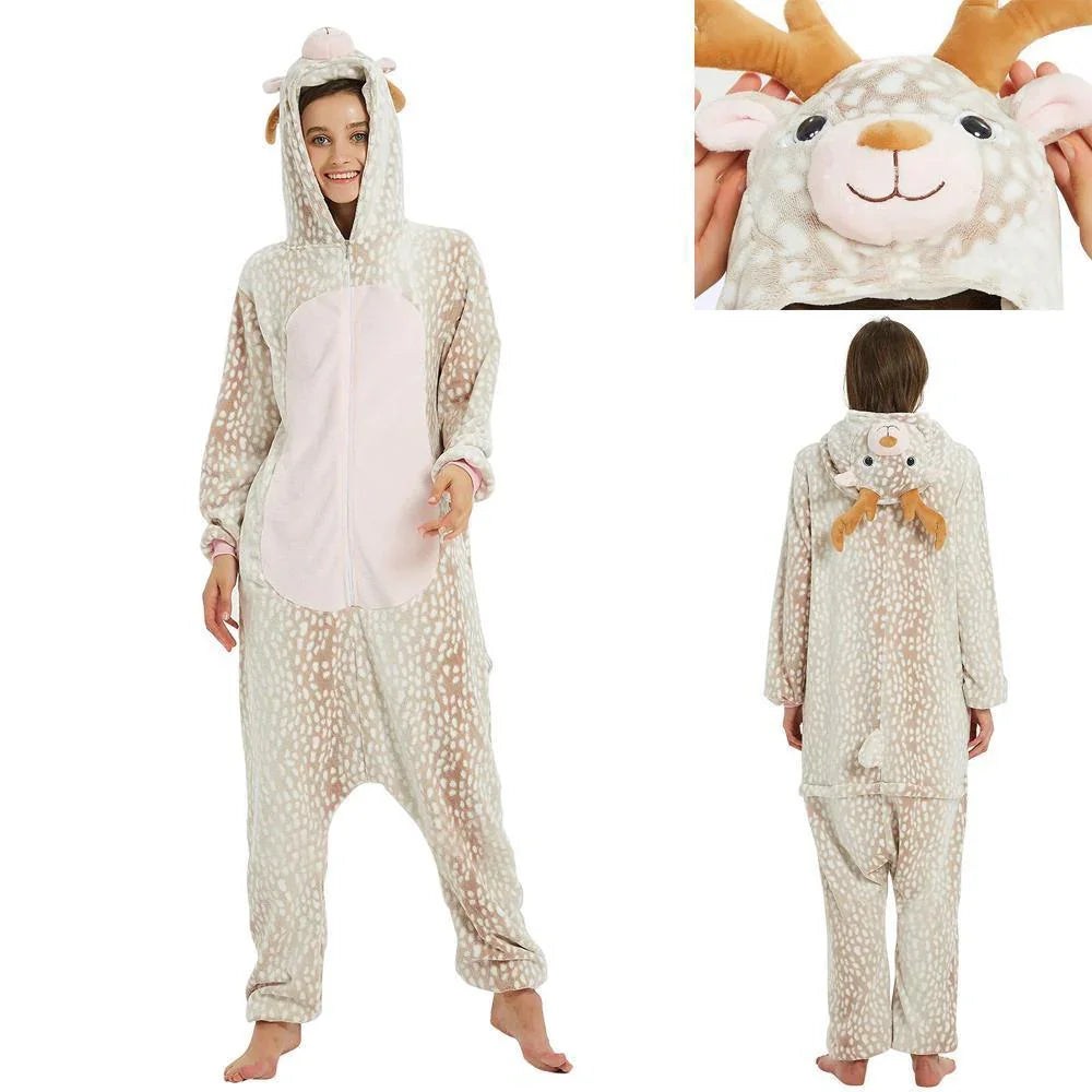 BuyOnesie Kigurumi Pajamas Print Stitch Elk Adult's Flannel Christmas Winter Sleepwear Animal Costume Now Cheaper With 3 - 5 Days Ship - PajamasBuy