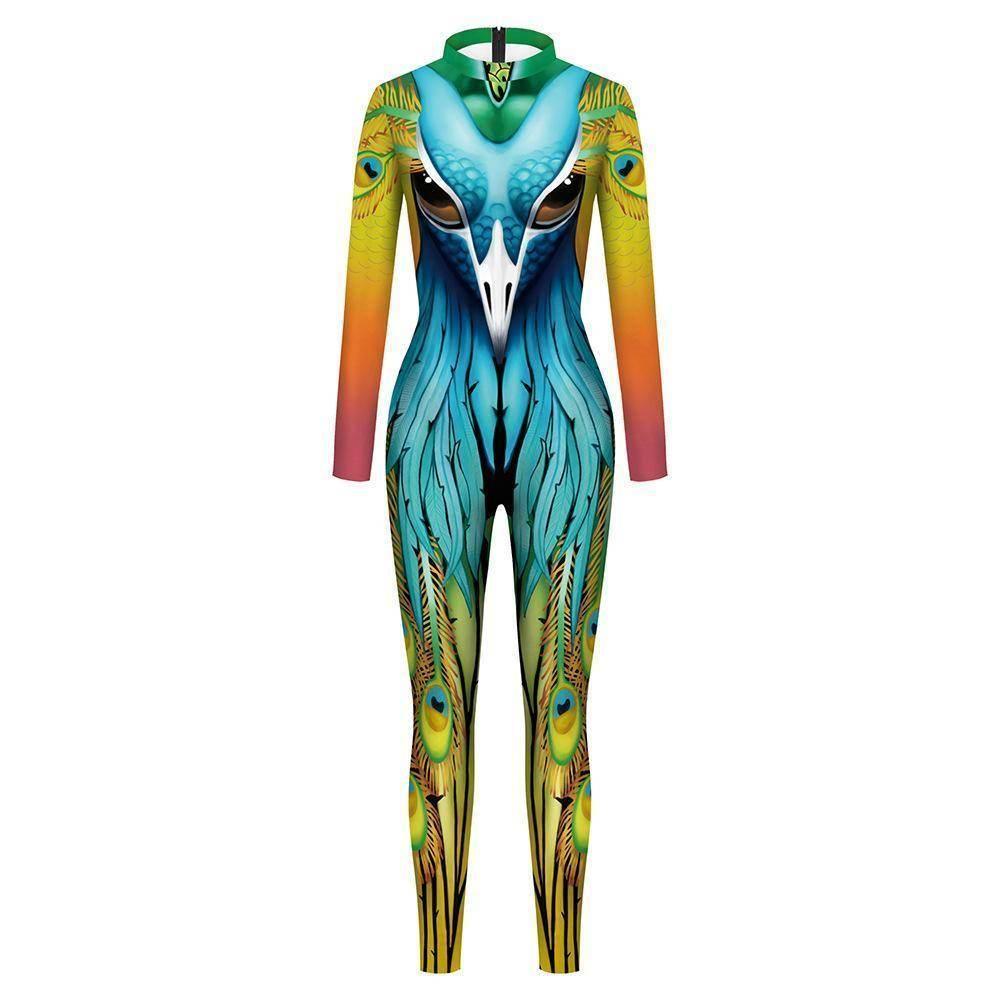 Womens Halloween Costumes Cosplay Peacock Print Jumpsuit Slim Fit Long Sleeve Catsuit Party Outfit - Azufun